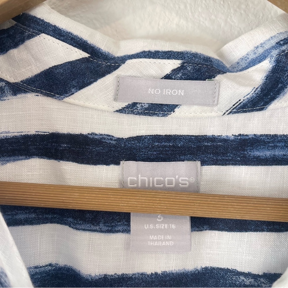 Chicos Linen Shirt sz 3 US 16 White Navy Striped No Iron Button Up Coastal Chic - Picture 2 of 7